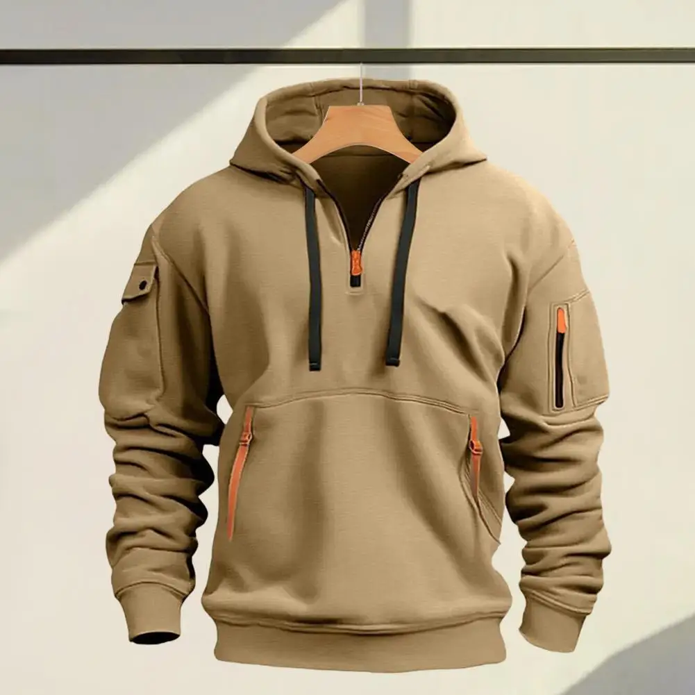 Autumn Men Hoodie Hooded Drawstring Half Zipper Pockets Elastic Cuffs And Hem Pullover Sport Fitness Travel School Top