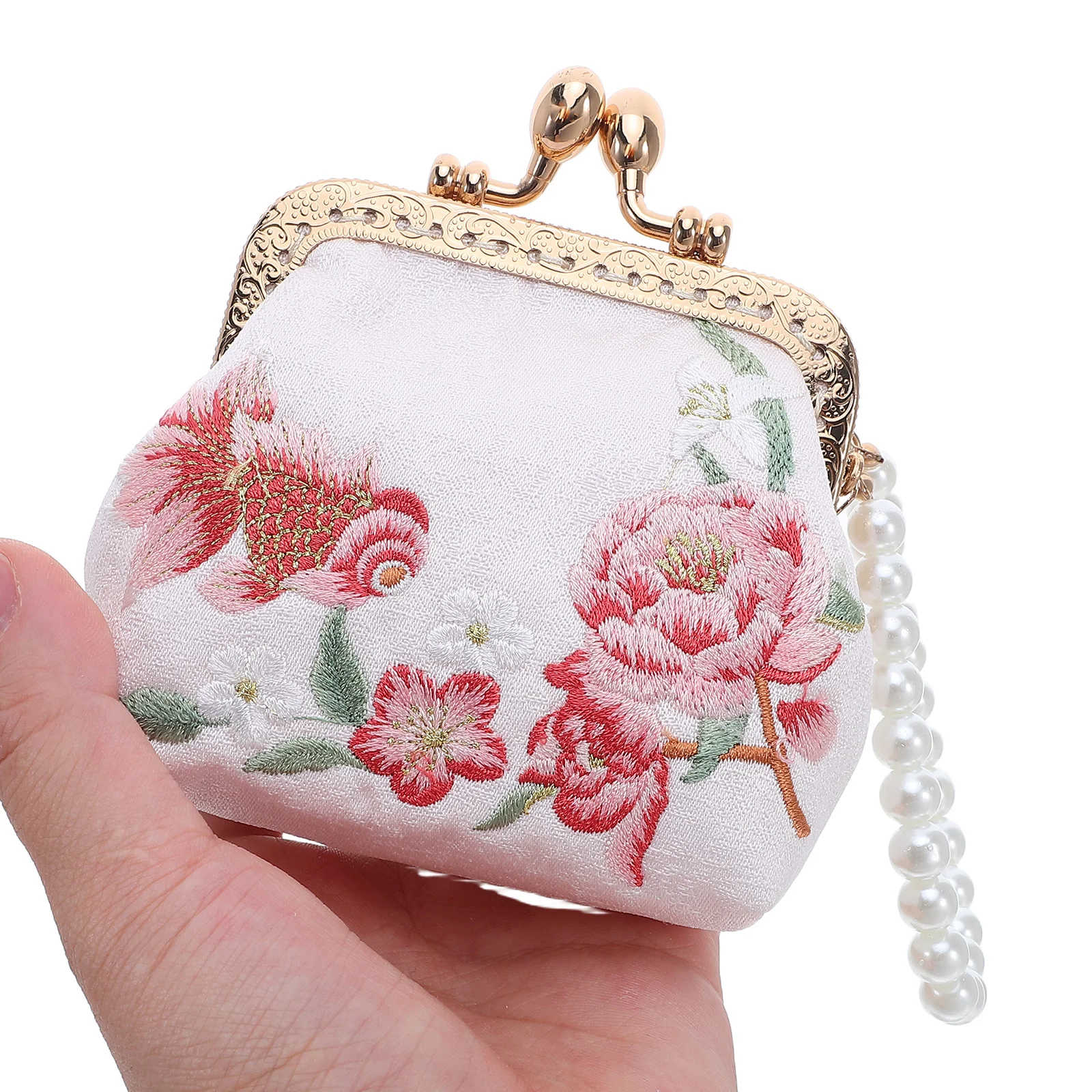 

Embroidered Clutch Purse for Women Floral Brocade Fabric Simulation Pearl Decoration Change Purse Mini Organizer Storage Bag