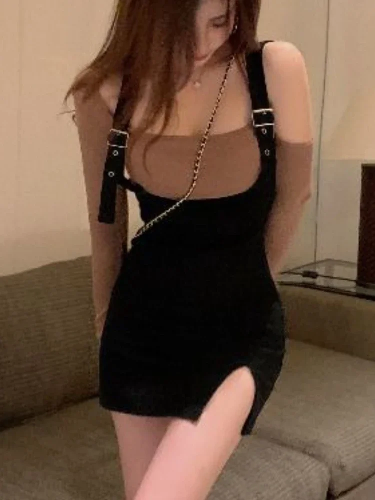 2 Pcs Sets Women Irregular Crop Tops Sexy T-shirts Strap Mini Dress Lady Aesthetic Off Shoulder Streetwear Simple Club Side-slit view 4