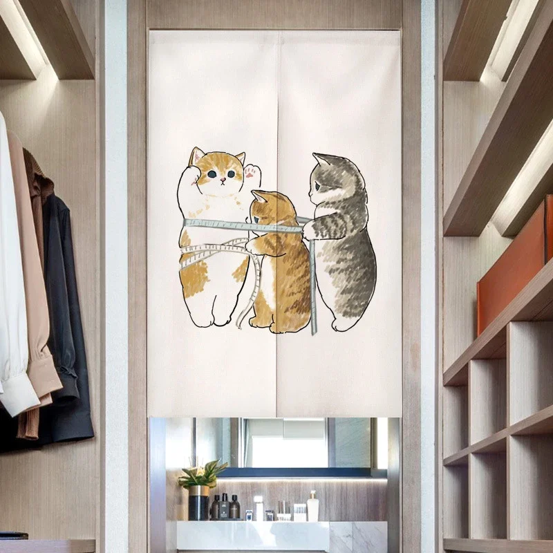 VIKAMA Cute Cartoon Cat Noren Door Curtain Hand‑painted Kitten Print Polyester Partition Curtain For Entryway Home Dec