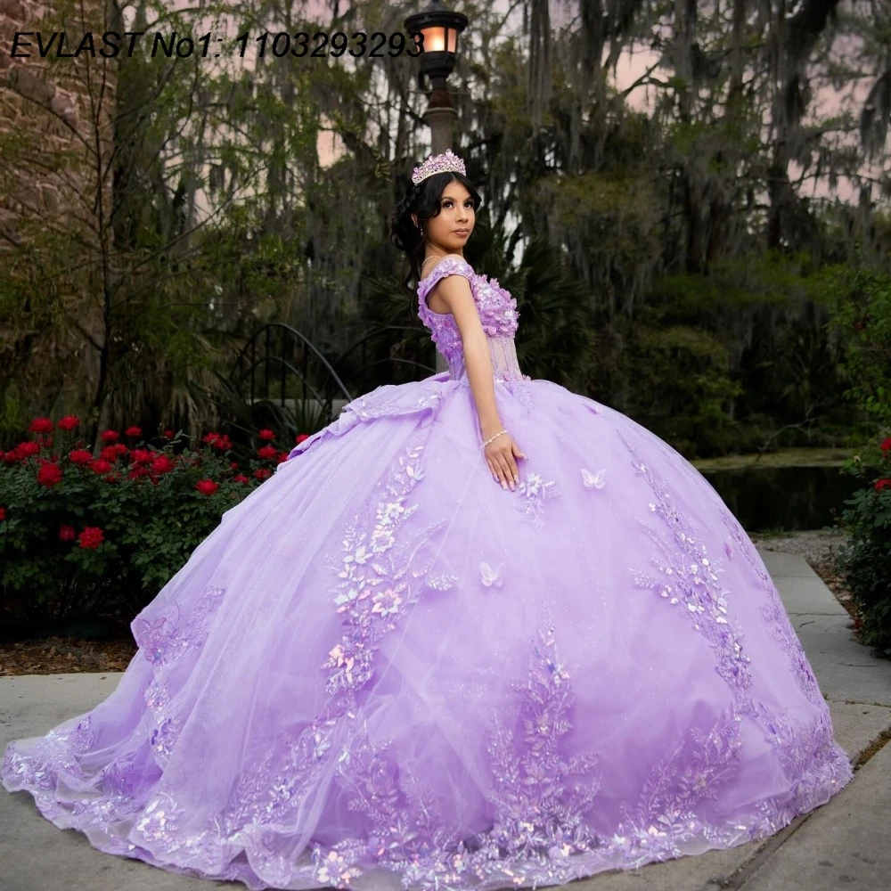 

EVLAST индивидуальное блестящее лавандовое бальное платье Quinceanera платье с цветочной аппликацией и бантом из бисера Sweet 16, Vestidos De 15 Anos E1Q999