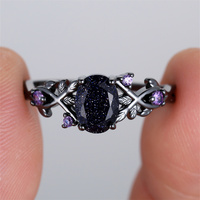 Blue Crystal Oval Stone Purple Zircon Rings For Women Vintage Black Metal Engagement Ring Wedding Jewelry Bridal Birthday Gifts