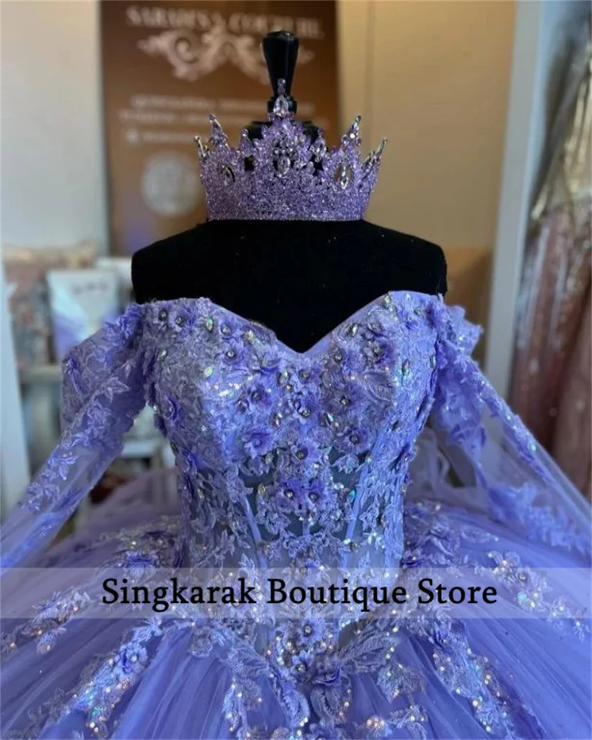 

Princess Purple Quinceanera Dresses Beads Floral Appliques Crystals Long Sleeves Birthday Gown Vestido De 15 Anos Customized