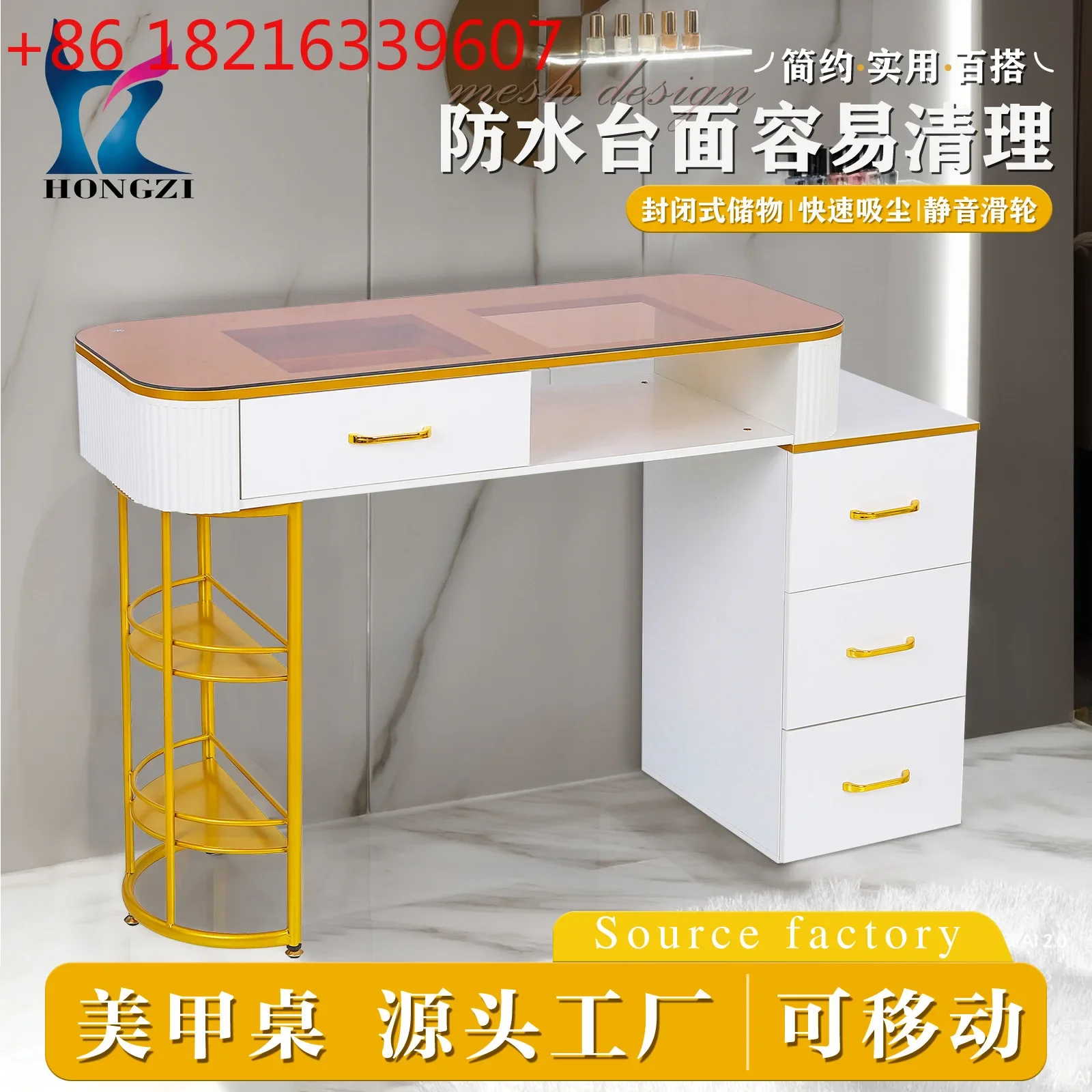 White manicure table, brown glass countertop with drawers for nail salons