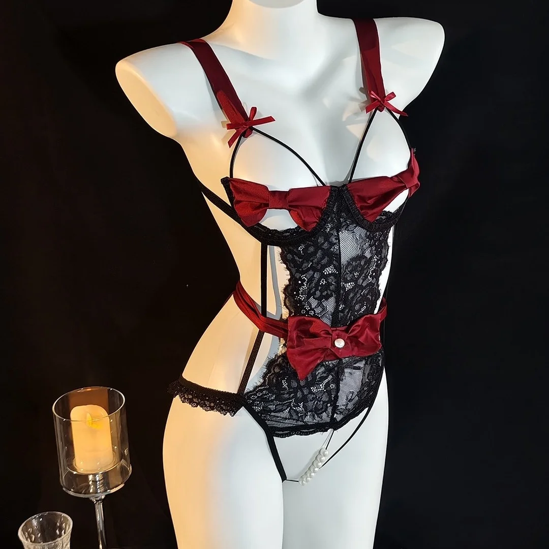 Sexy renda pérola bodysuit feminino spwear diversão innerwear axap marca fibra de poliéster 00% queimar queimar tema roupa interior