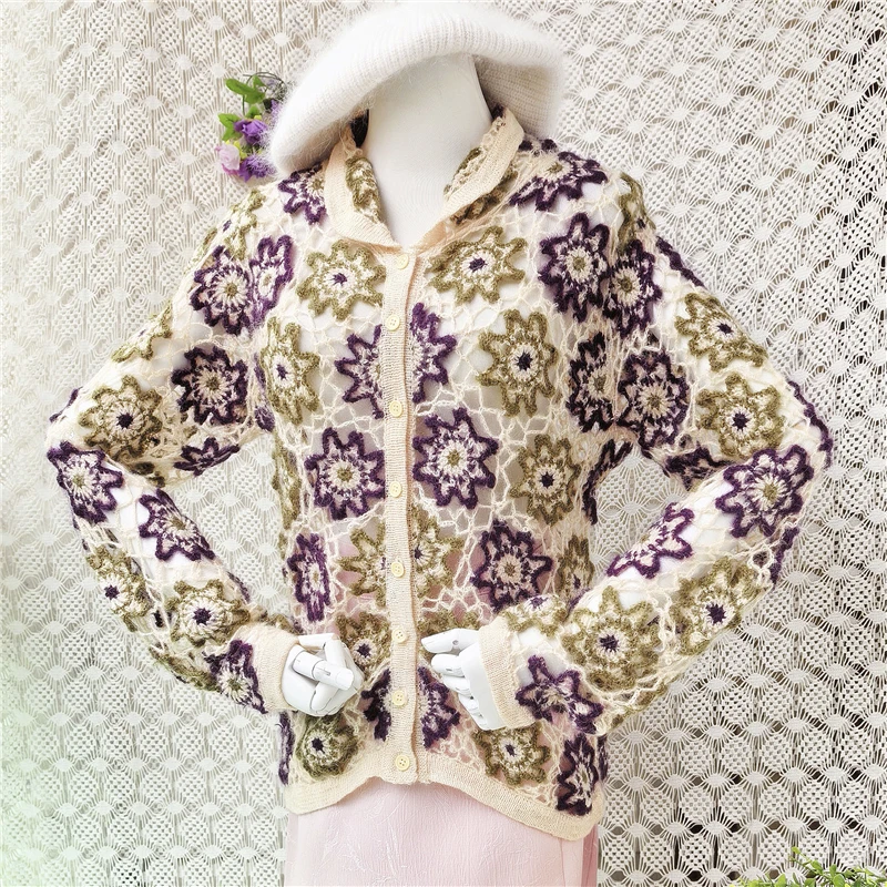 Ladies Women Vintage Hairy Soft Mohair Wool Knitted Flower Crochet Long Sleeves Slim Cardigans Sweater Jacket Coat Pull Tops