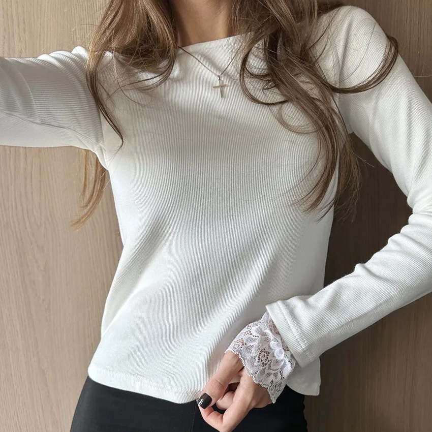 المرأة لطيف الحد الأدنى قميص أبيض عمودي مضلع بسط متماسكة طاقم الرقبة طويلة الأكمام الدانتيل الكفة مكتب عادية