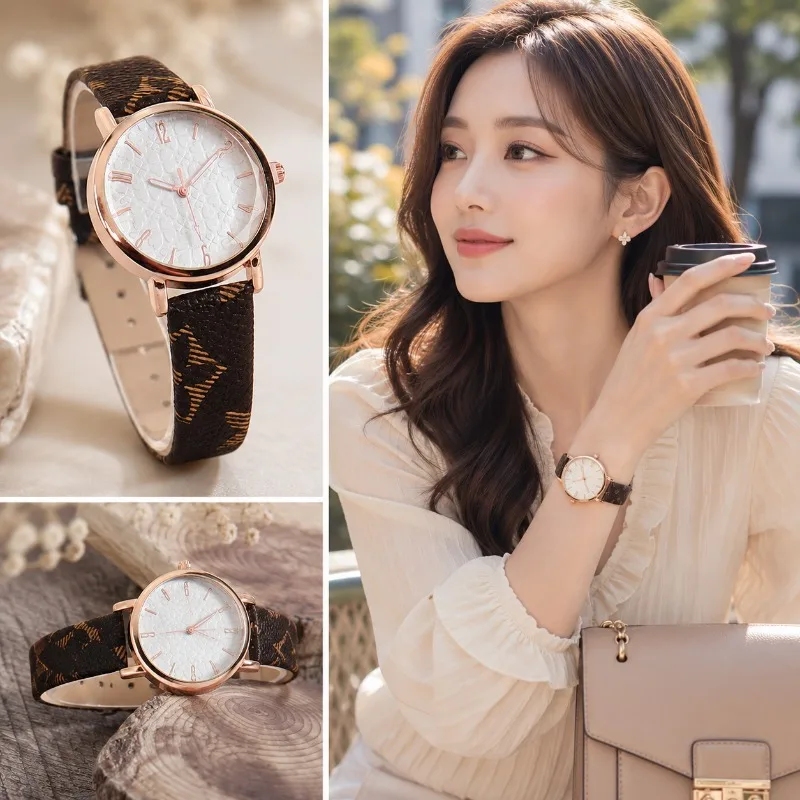 

Fashion Women's Watch Simple Rose Gold Round Dial Print Leather Strap Ladies Wristwatch Elegant Casual Quartz Clock for Daily