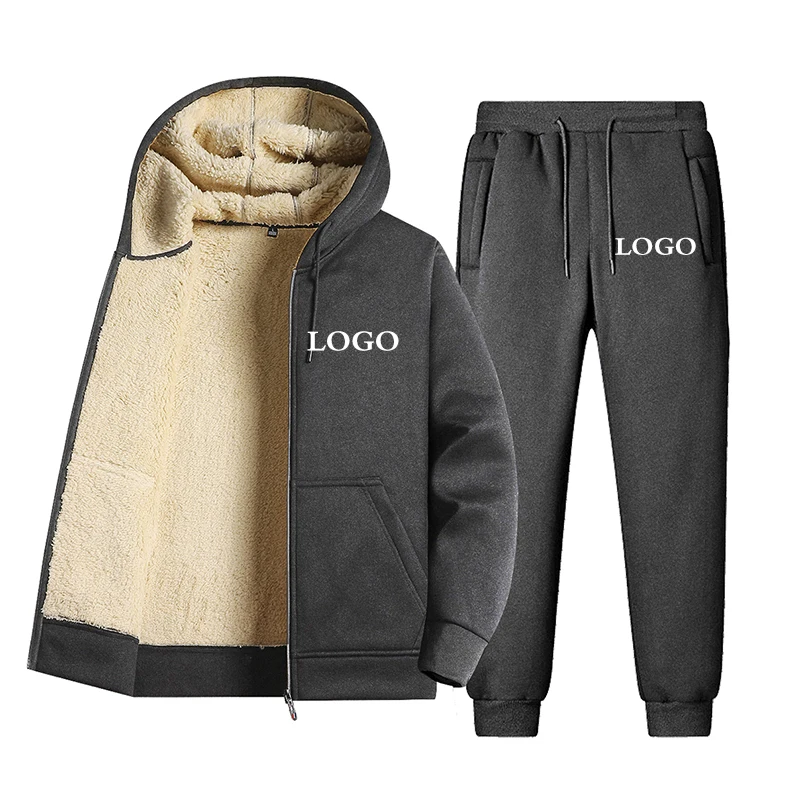 Men's Custom Logo Suits Print High Quality Zippered Sportswear Thicken Solid Color Men's Hoodie+Sweatpants 2-Piece