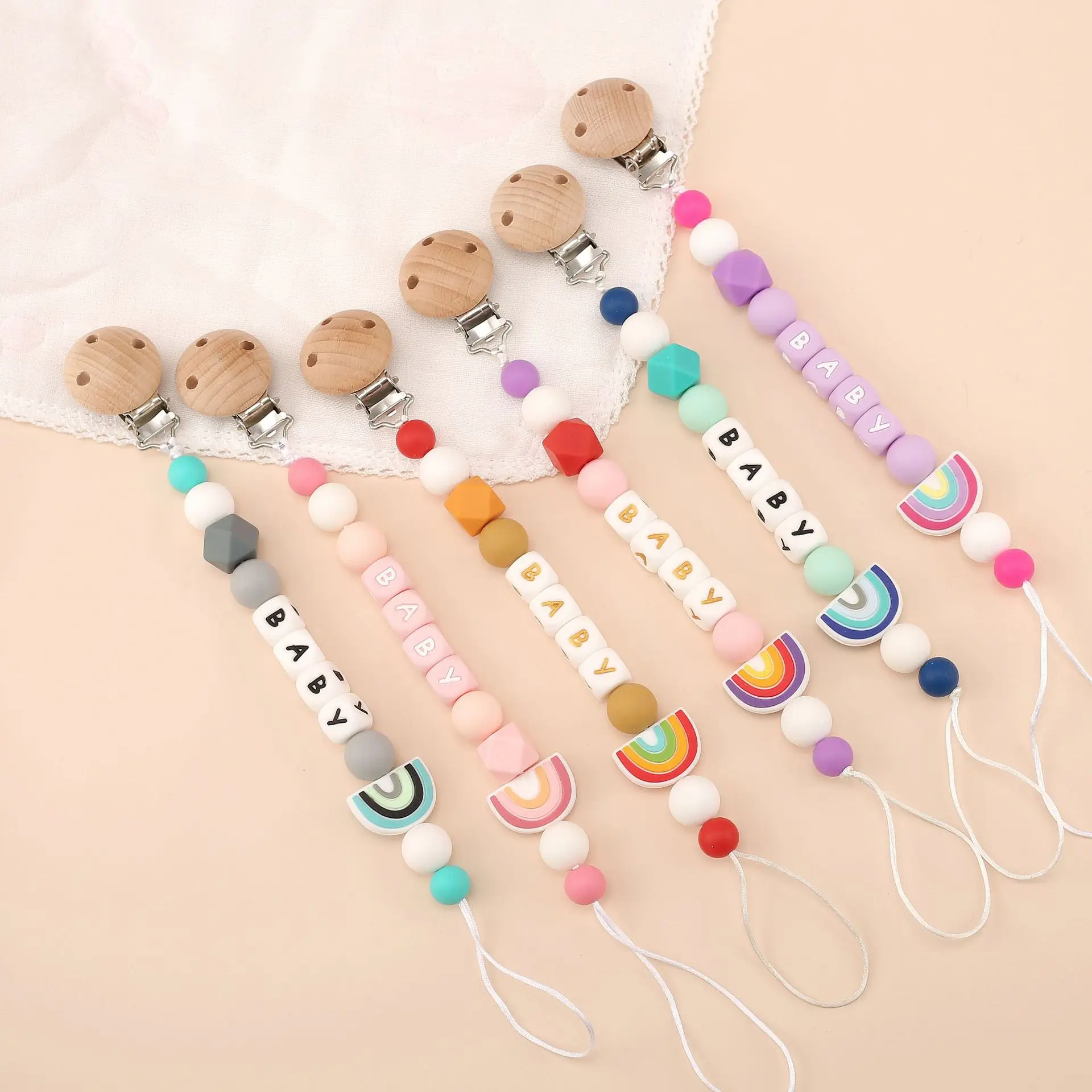 Baby Pacifiers Clips Personalized with Name Silicone Rainbow Dummy Nipples Holder Clip Chain BPA Free Accessories Teething Toys