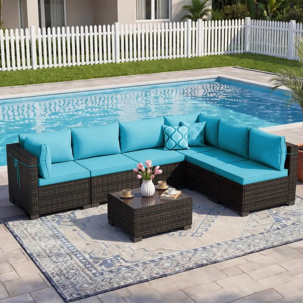 

7pcs Outdoor Patio Furniture Sets,Rattan Conversation Sectional Set,Manual Weaving Wicker Patio Sofa with Tea Table
