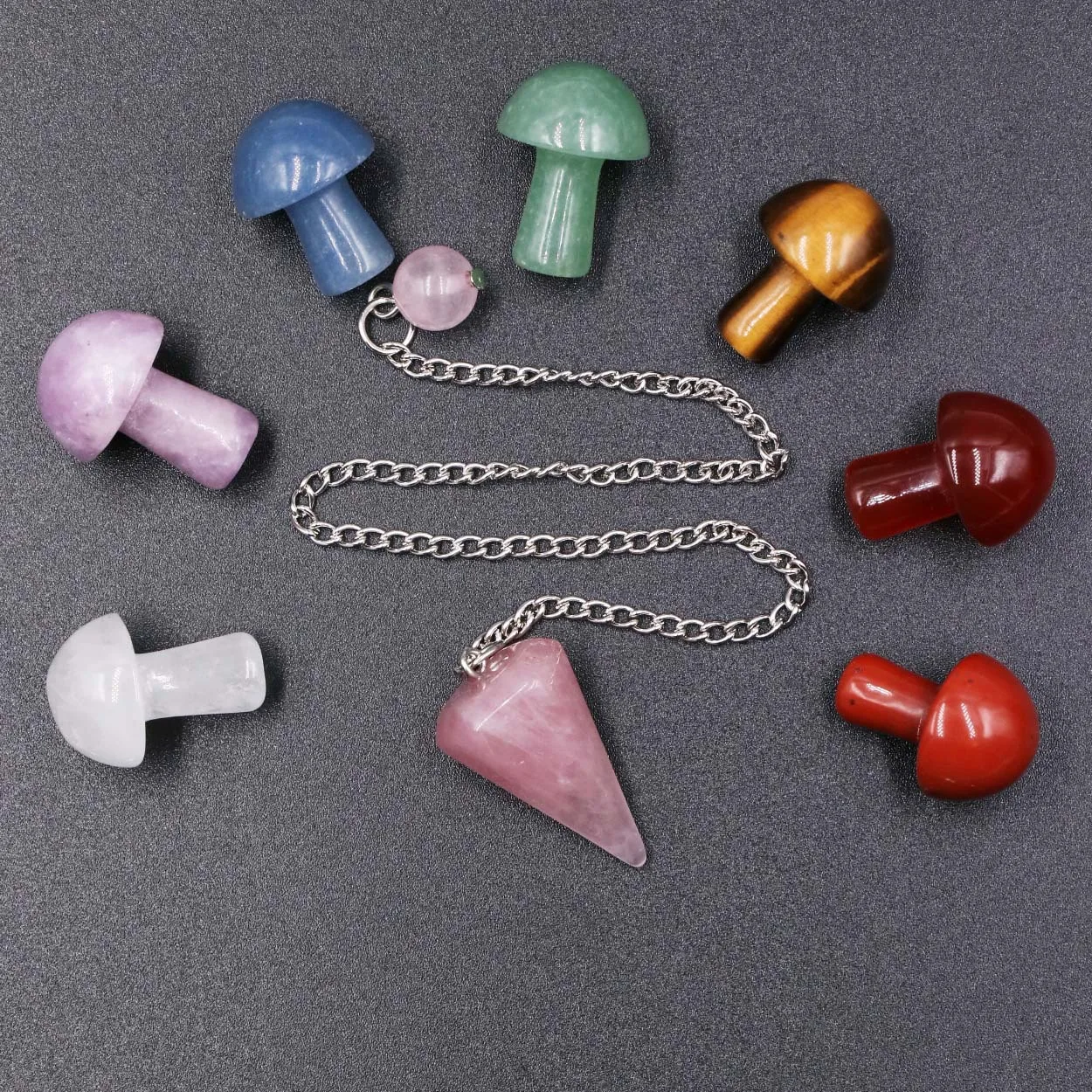 Healing Reiki 7chakala Mushroom Natural Crystal Yoga Colorful Pink Crystal Agate Original Stone Pendulum Set Decoration Gift