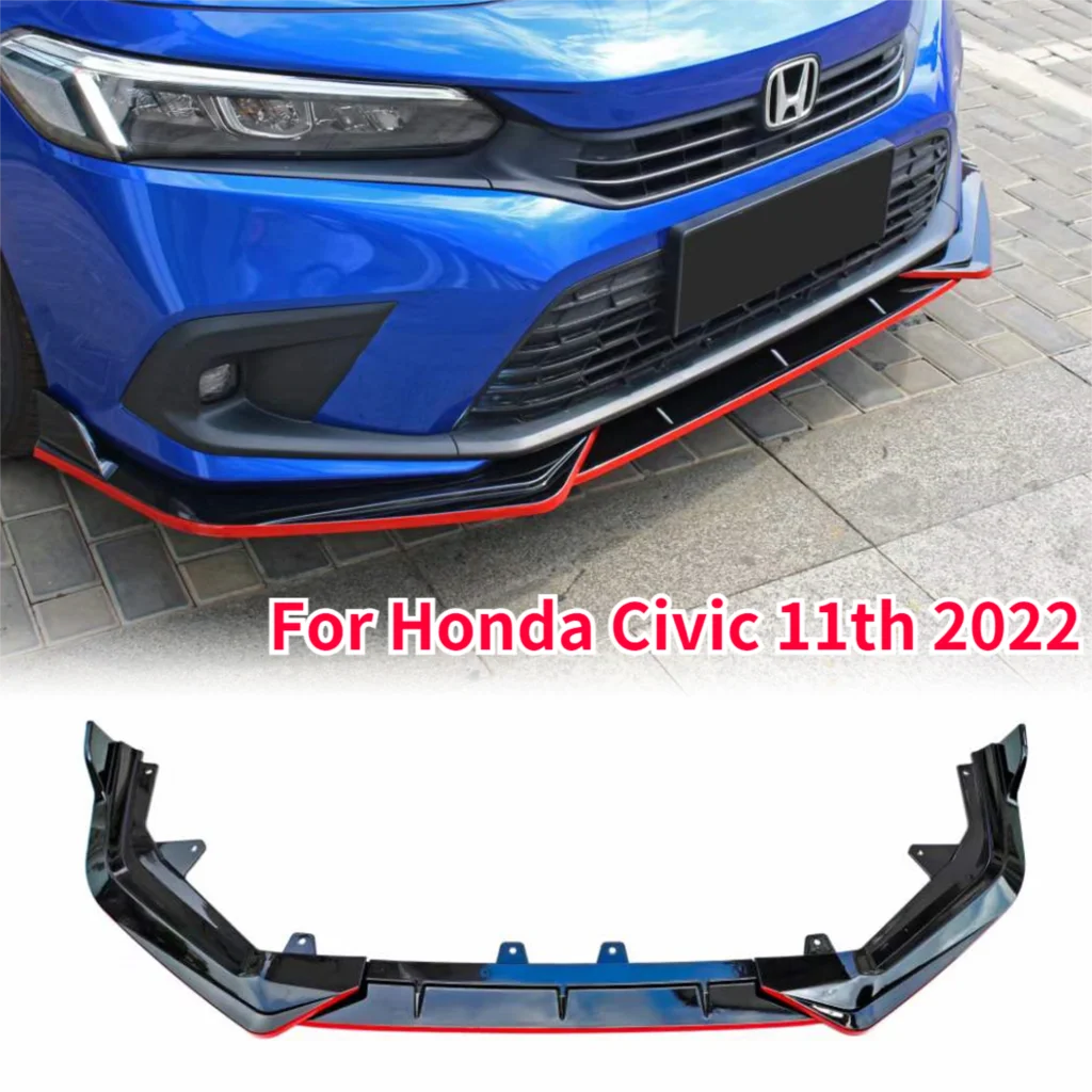 3PCS For Honda Civic 2022 11th 4D Sedan Front Bumper Lip Spoiler Splitter Body Kit Protector Guard Glossy Black Car Accessories