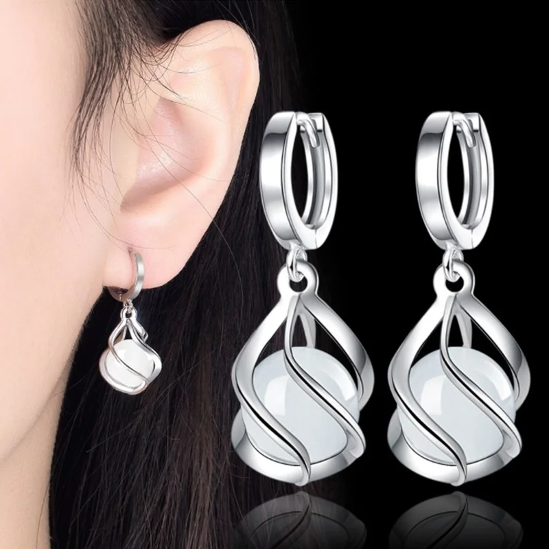 925 Sterling Silver 2023 New Women\'s Fashion Jewelry High Quality Opal Round Agate Simple Hollow Long Tassel Earrings Party Gift