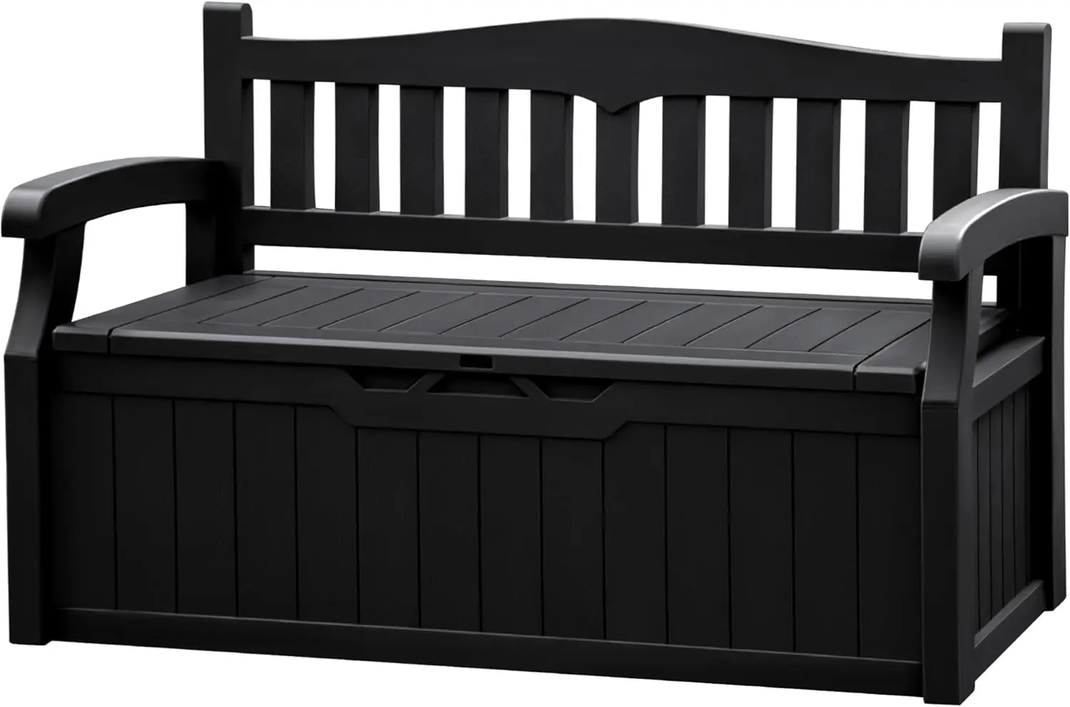 Outdoor Resin Storage Bench in Black, 80 Gallon, with Armrest, Lockable & Waterproof, for Garden, Home, Patio, and Pools