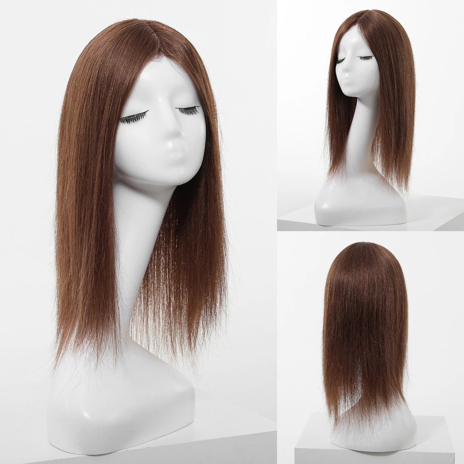 16 inch Honey Brown Human Hair Toppers 9x9 inch Large Base no Bangs Hair Topper 100% Remy Human Hair for Women with Hairloss