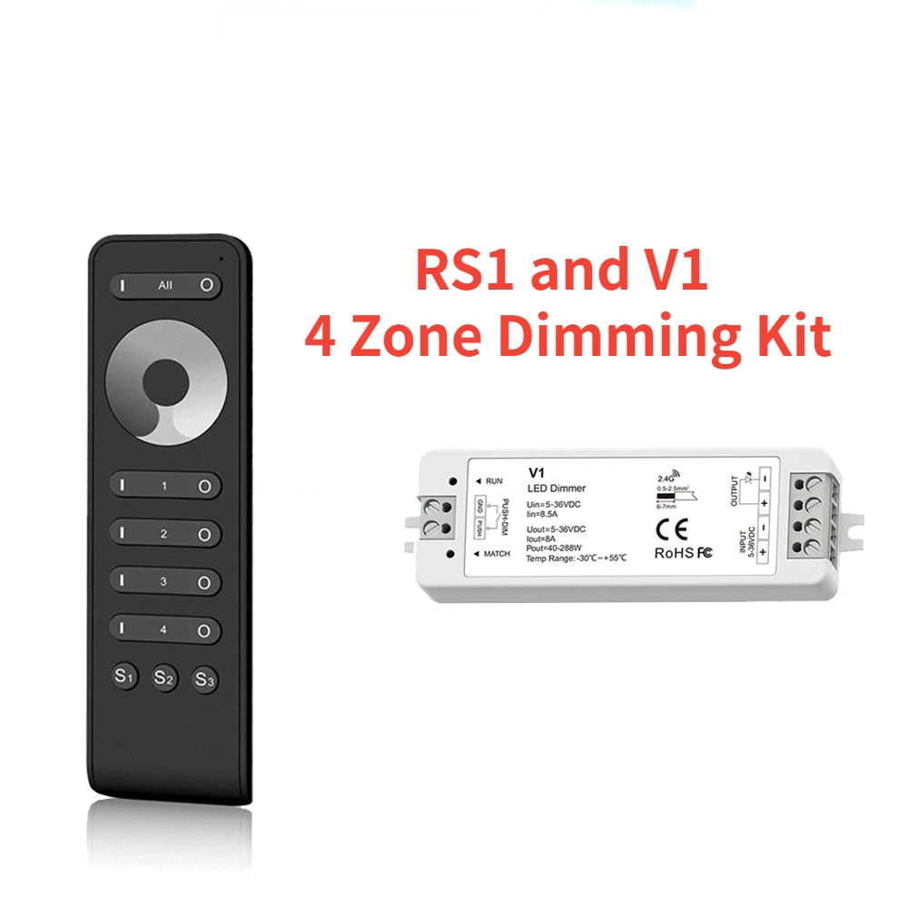 RS1 13-Key Touch Wheel RF 2.4G Remote Controller and V1 Single Color LED Dimmer DC5V-24V 36V Push Dimming 4 Zone Dimming Kit