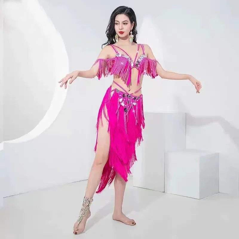 Opening Women Drum Solo Dance Competition Sexy Belly Dance Costume Oriental Dance Beaded Bra Irregular Fringes Long Skirt