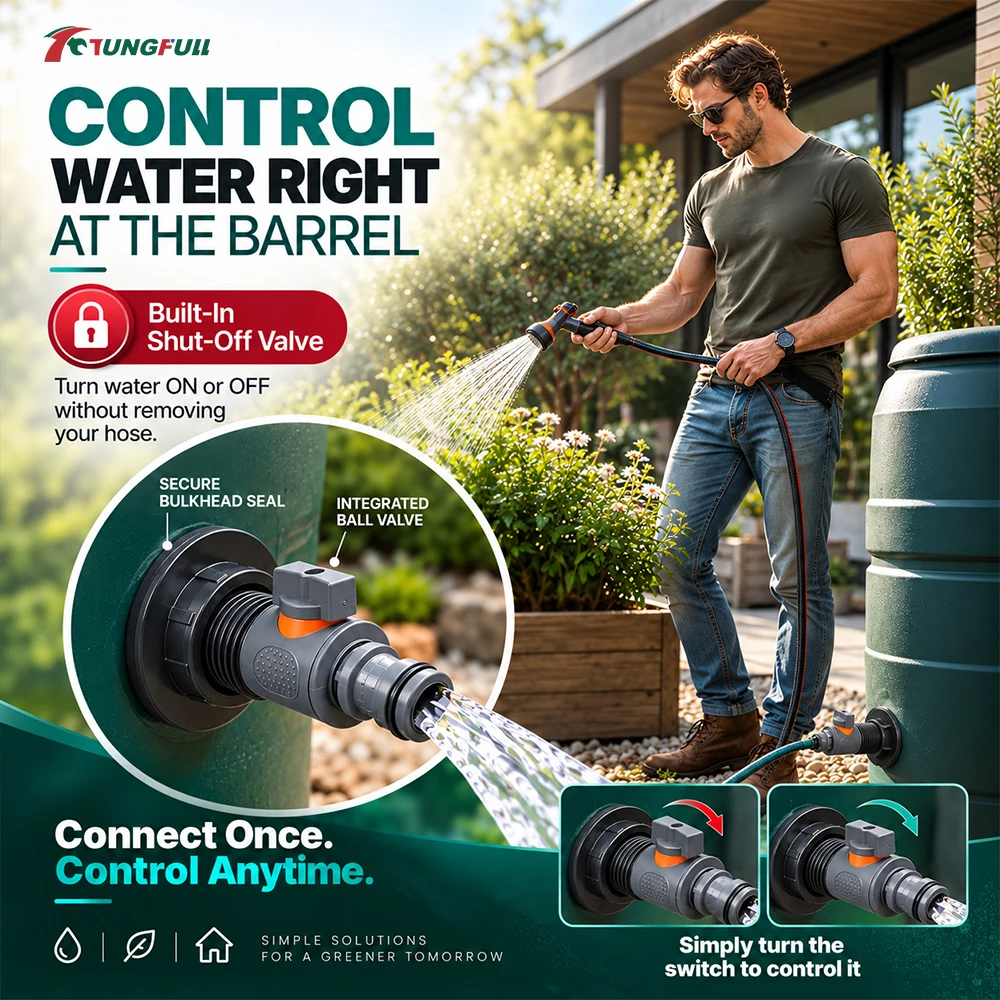 TUNGFULL Barrel Spigot Kit Rain Barrel Adapter 1/2 Inch Shut-off Valve 28mm Hole Saw Leak-proof for Garden Water Harvesting