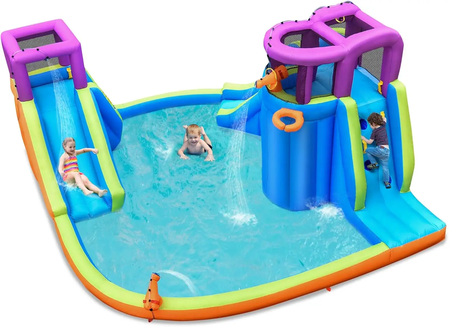 

Inflatable Water Slide Park, 15x14.5FT Mega Kids Waterslide Outdoor w/Dual Slides&Climbing for Racing Fun, Splash Pool, Blow up