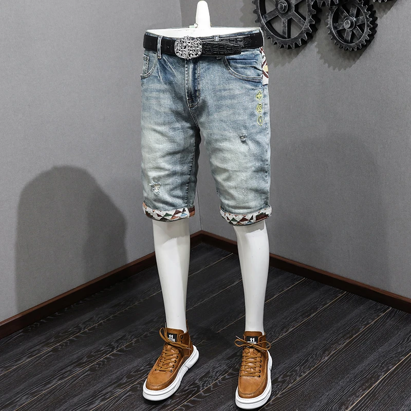 刺denimプリントデニムショーツ,フィット,ストレッチ,レトロパッチ,美しいカジュアル,ストリート,夏