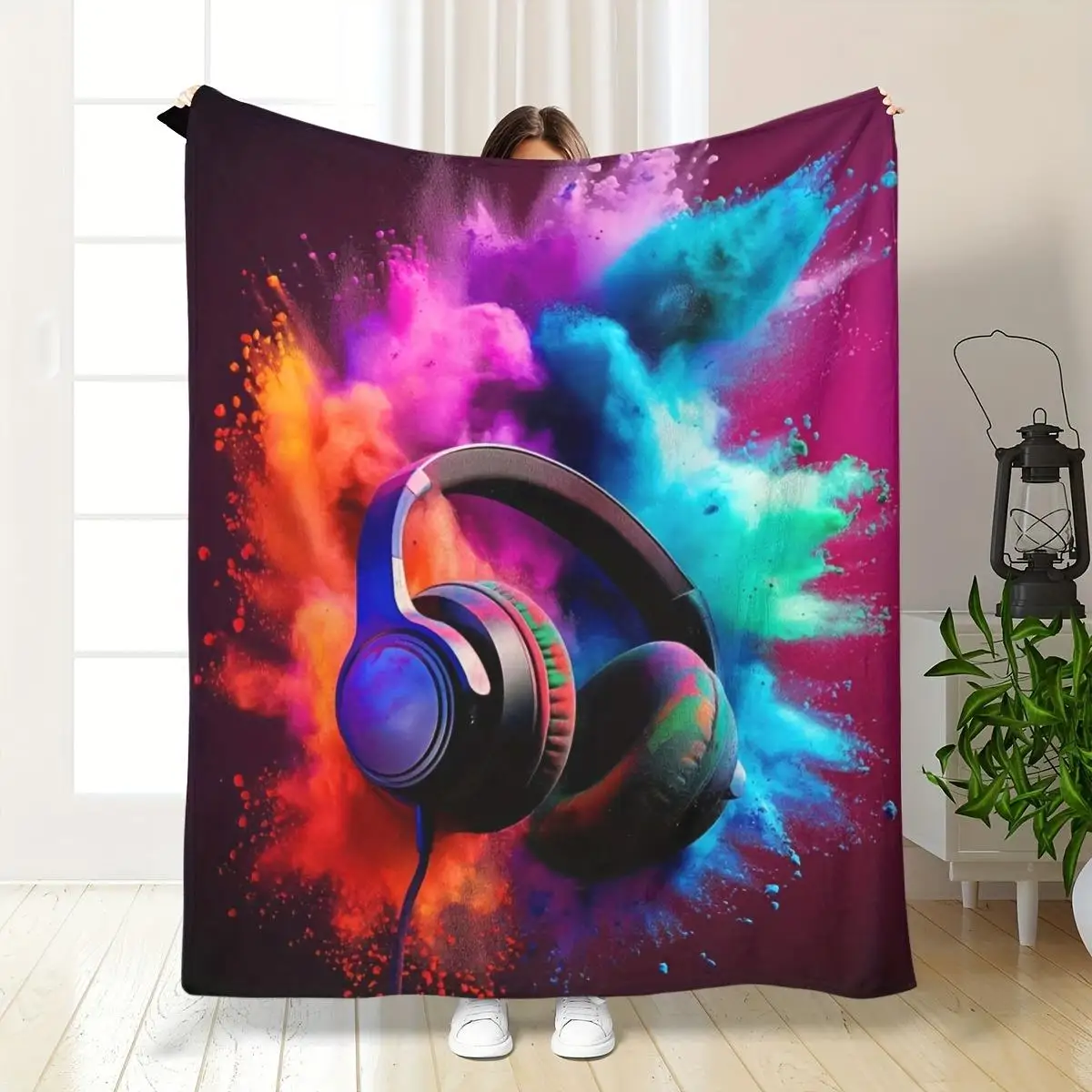 Brightly colored headphone patterns Flannel printed blanket suitable for all seasons suitable living room office sofa and travel
