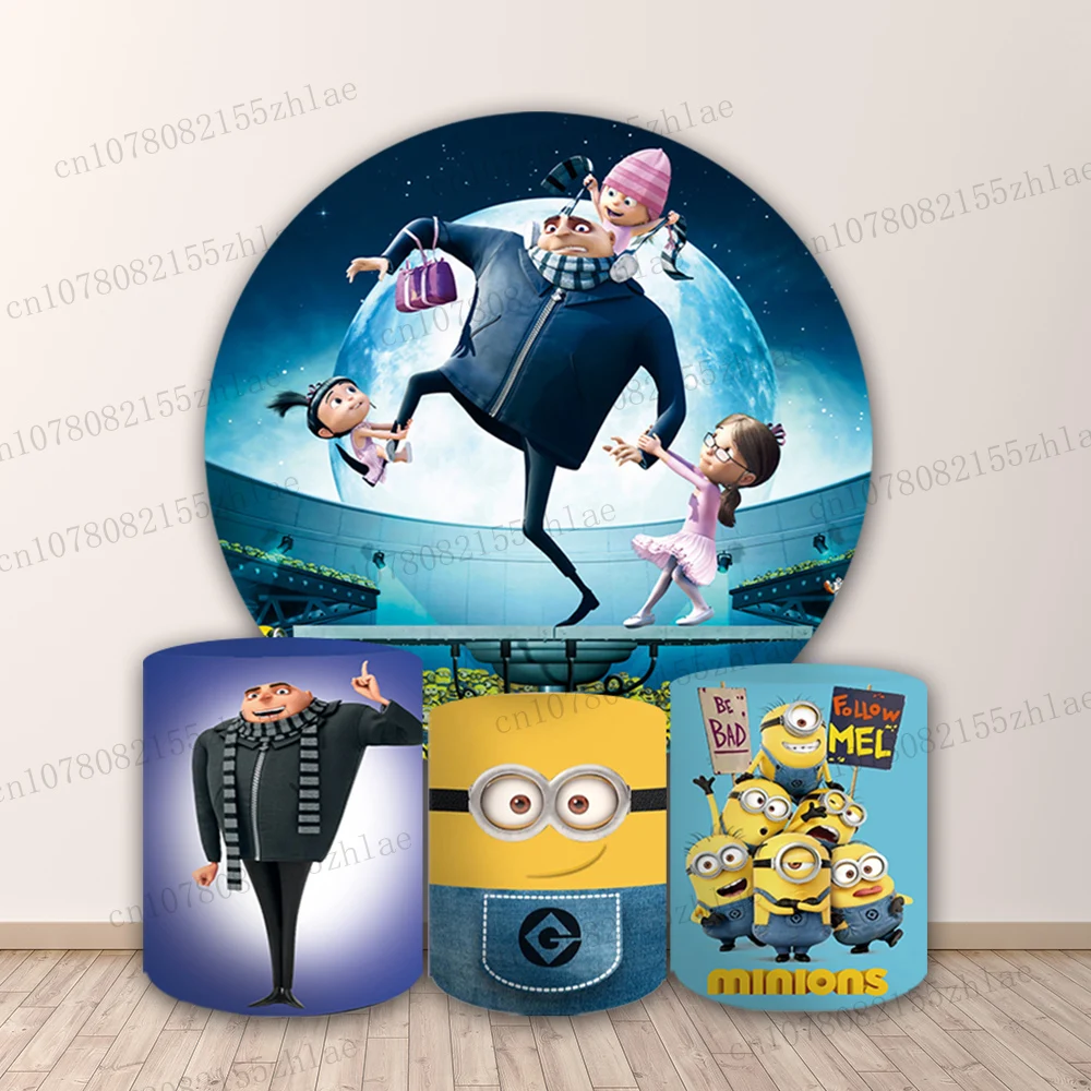 

Minions Birthday Party Photo Backdrop Baby Shower Photography Backdrop Round&Cylinders Plinth Covers Banner