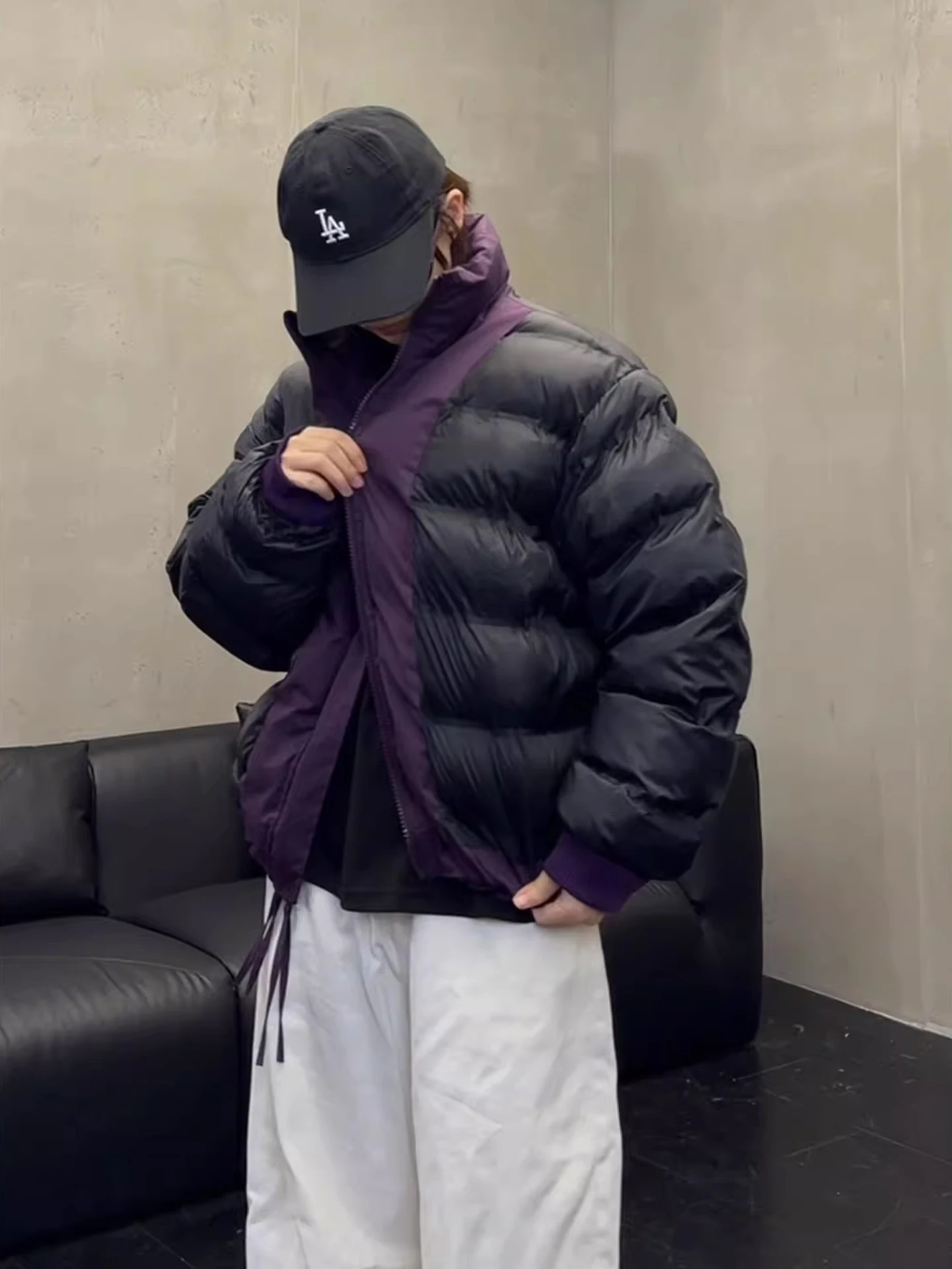 Purple Bomber ort Cotton Jaet Men's Winter Cleanfit Double-sided Wear Stand Collar Ribbed Cotton Coat Youth Faion - view 3
