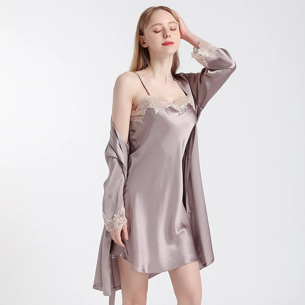 Silk Nightgown Two Piece Set for Women Summer Hot Mulberry Silk One Line Collar Lace Suspender Nightdress Silk Home Clothes