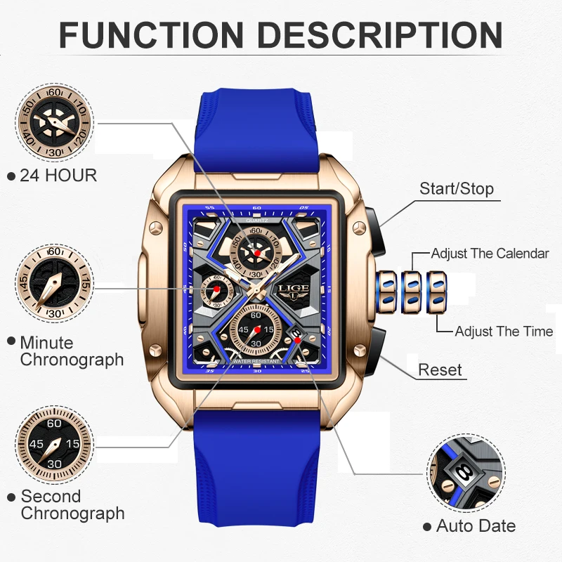 LIGE New Quartz Watch Men Business Military Waterproof Men Watch Fashion Square Sport Date Chronograph Clock Male Relojes Hombre