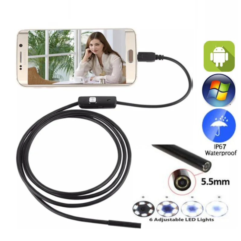 Endoscopio impermeable con cámara USB para Android, boroscopio de inspección con cámara HD de 5,5mm, 2M, 3,5 M, 5M, tubo de serpiente