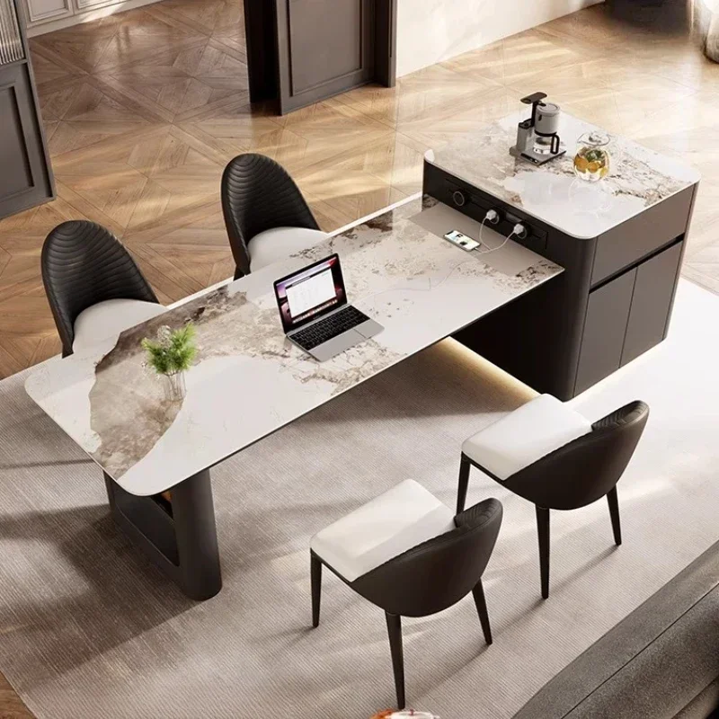 1.6m 2.2m 2.6m 3.0m Italian Minimalist Rock Slab Island Dining Table Retractable High End Black Restaurant Chair Multifunctional