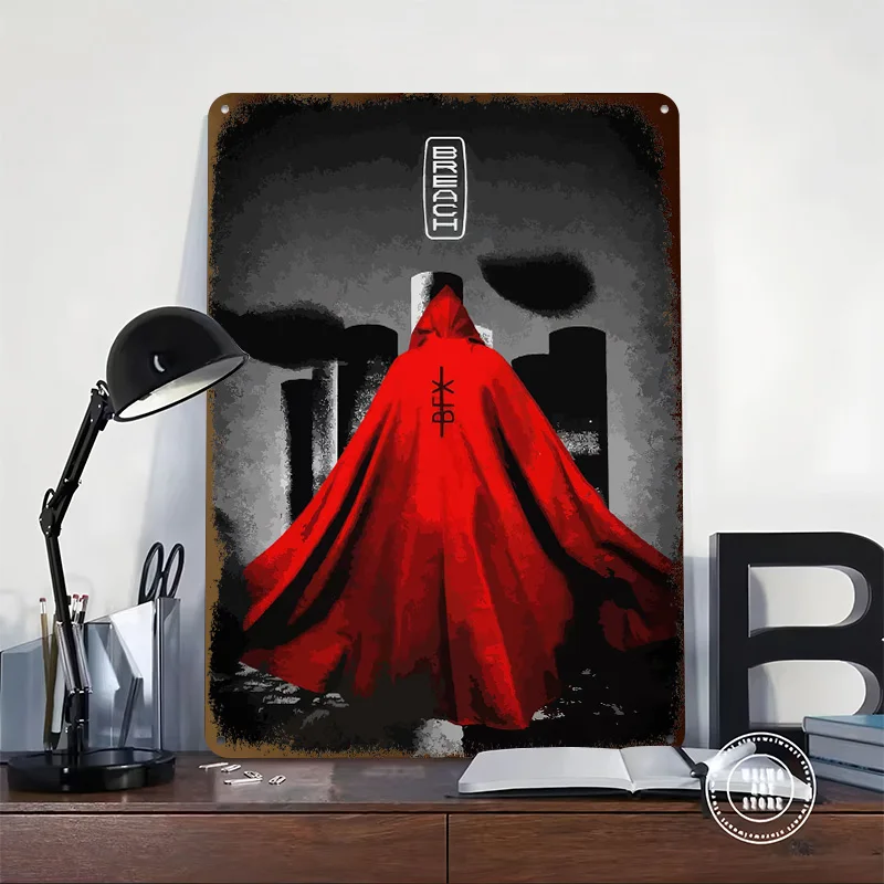 Red Cloak Figure in Urban Setting Tinplate Posters Customizable Wall Art Retro Vintage Metal Signs for Home Room Desk Decor the