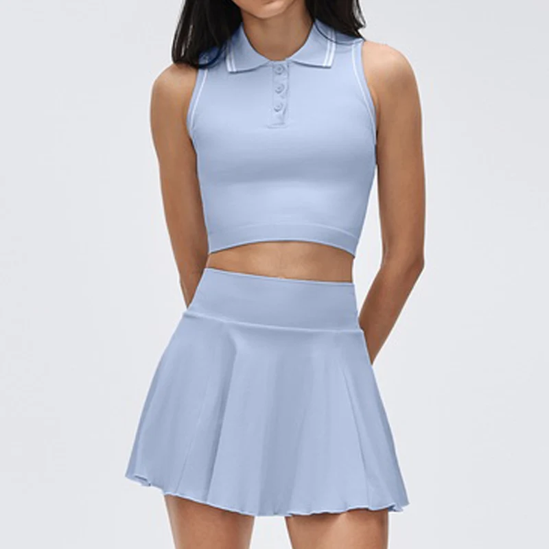 

Women's Summer Polo Collar Sports Vest & Tennis Skirt Set, Workout Yoga Golf Running Training Active 2 Piece Outfit