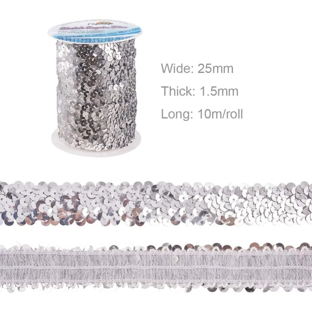 11-Yard 1 Inch Elastic Sequin Metallic Silver Stretch Sequin Trim 3-Row Glitter Sequin Fabric Paillette Ribbon Trim