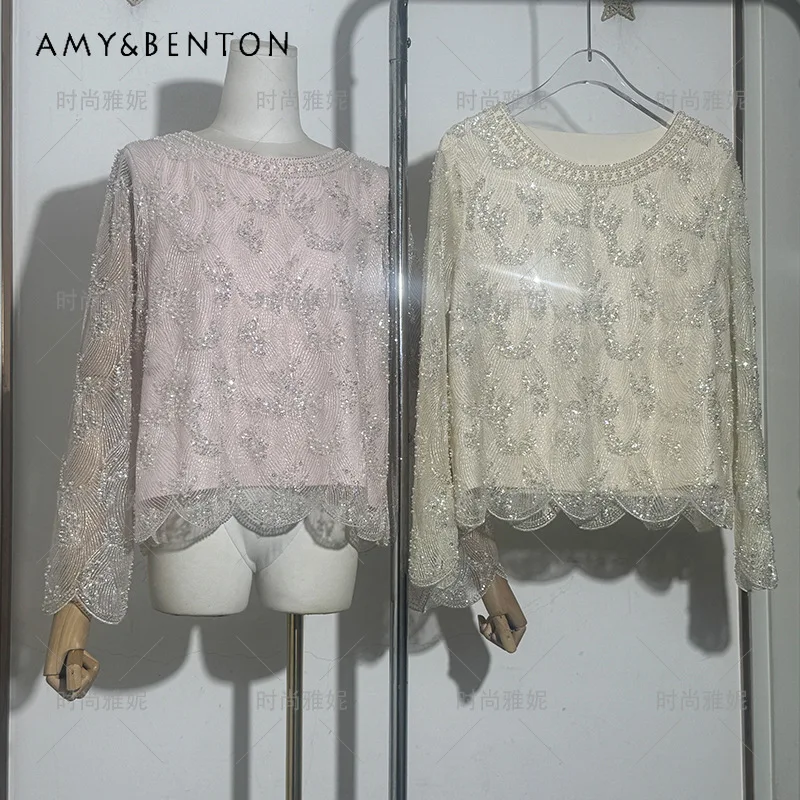 

Romantic Lace Long-sleeves Top Blouse Women's Pearl Sequin Embellished Design Versatile Lace Shirt Trendy Style Crew Neck Blusas