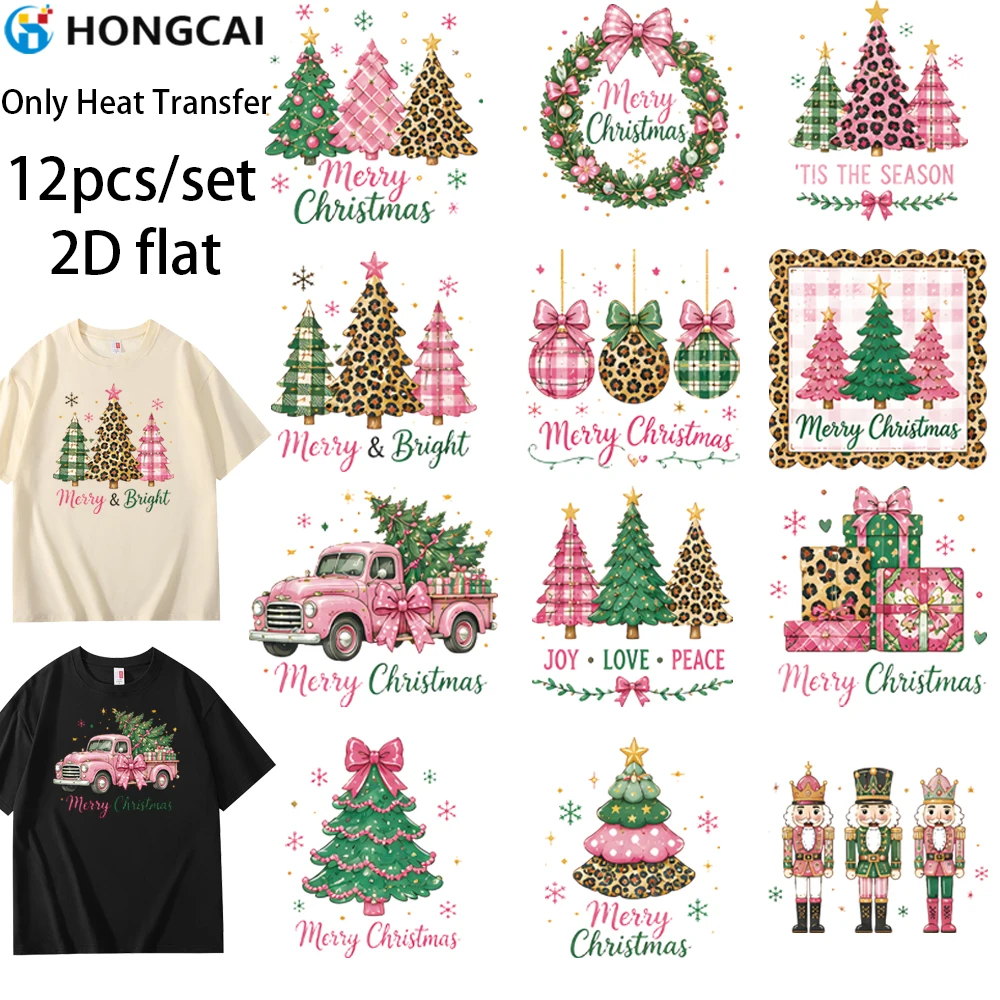 12Pcs Pink Leopard Christmas Tree Heat Transfer Stickers, Merry Bright Wash-Resistant, Vivid Pink After Laundry