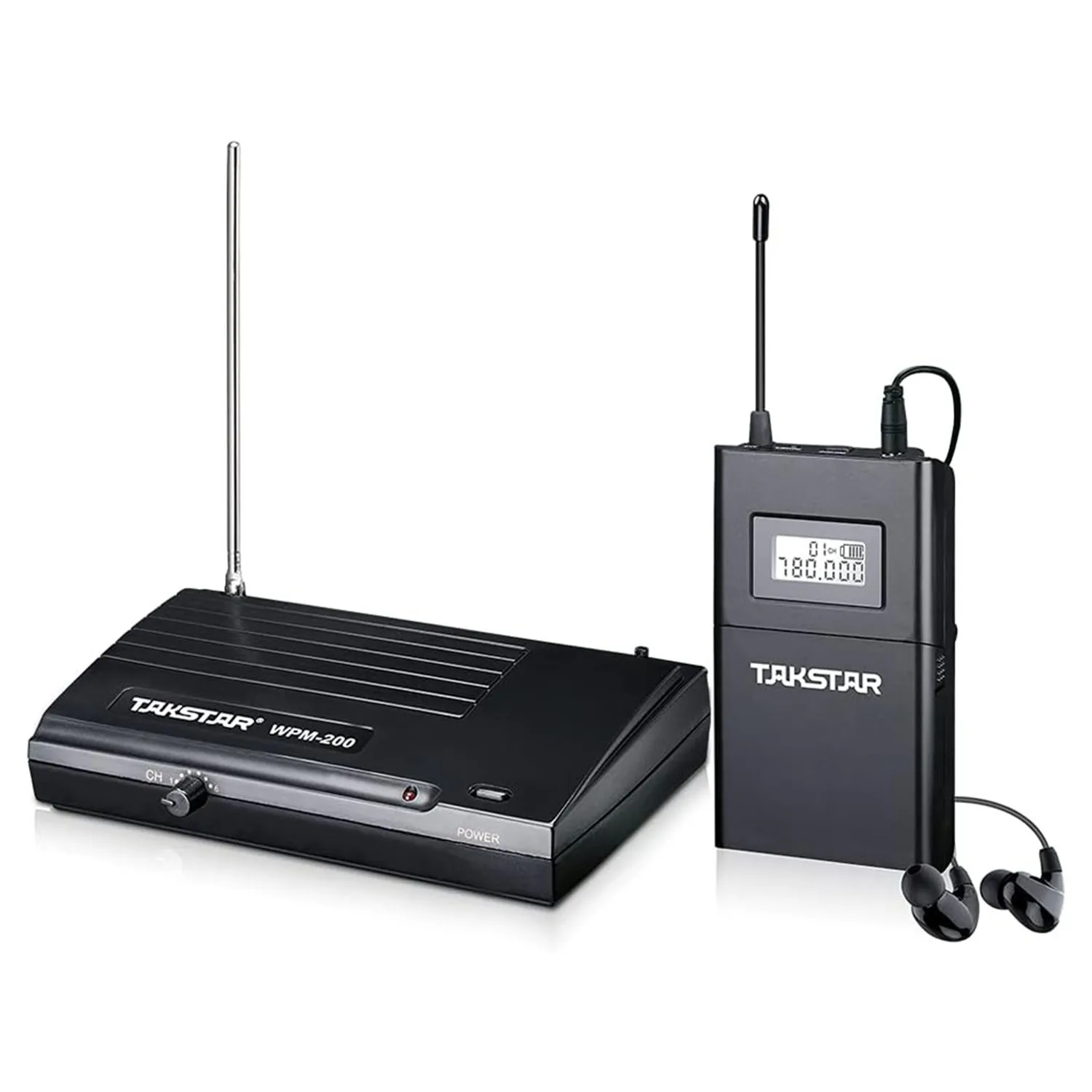 

Takstar WPM-200 Wireless Monitoring System, UHF Frequency Band, 6 Channels, 50 Meters Transmission Range, 3.5mm Audio Input, 30