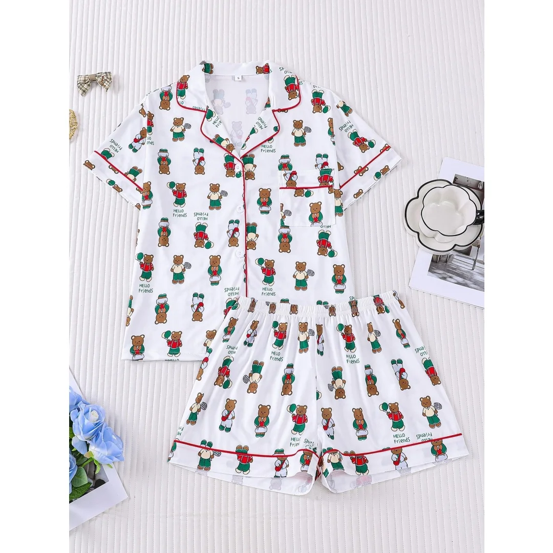 

Женская пижама с милым принтом медведя, домашний комплект с животным принтом, рубашка с коротким рукавом и отложным воротником, шорты, летний подарок