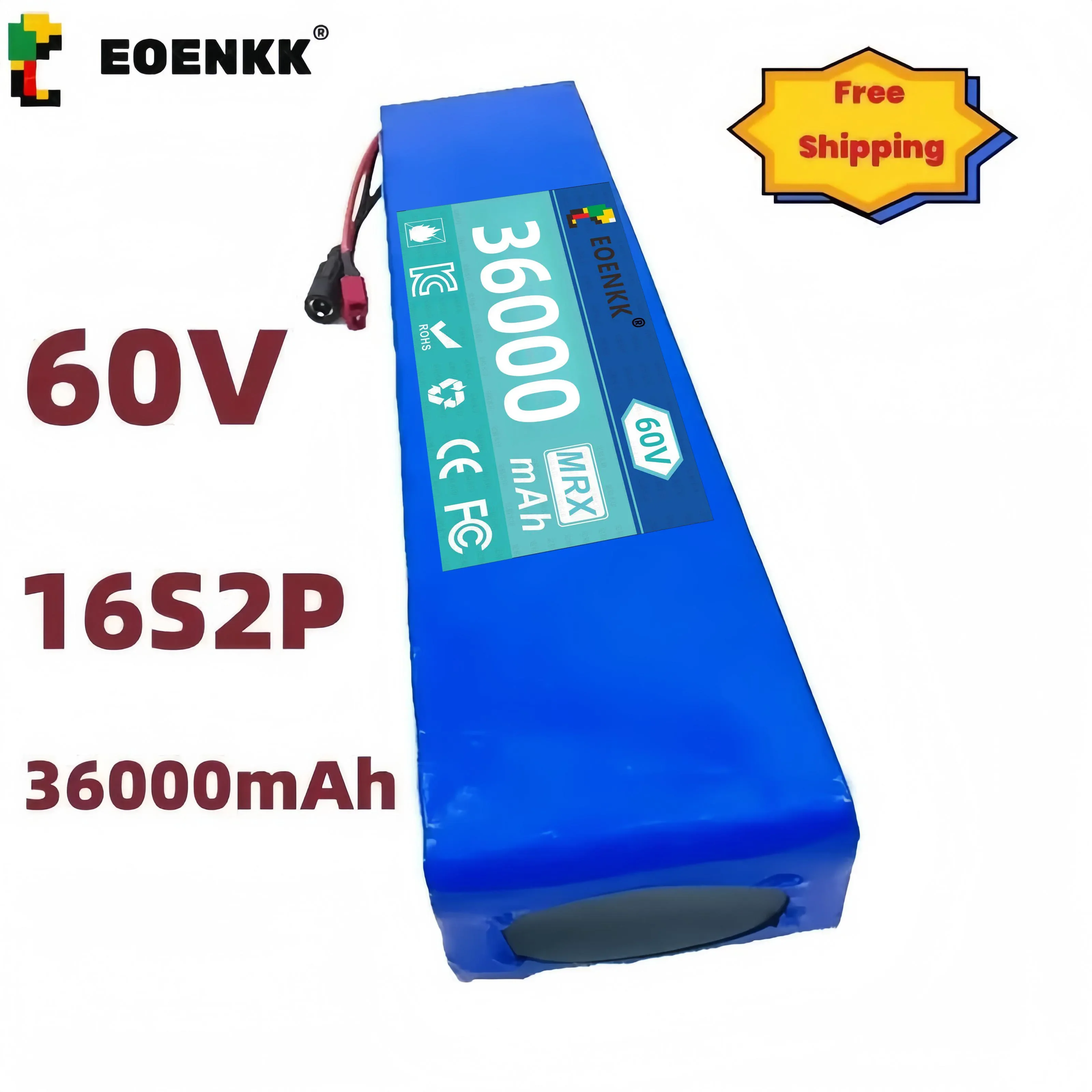 EOENKK 60V 16S2P 36000mah 18650 Lithium Ion Battery Pack 67.2V for Electric Bike Scooter Scooter Kids Car Built In 1000 Watt Bms