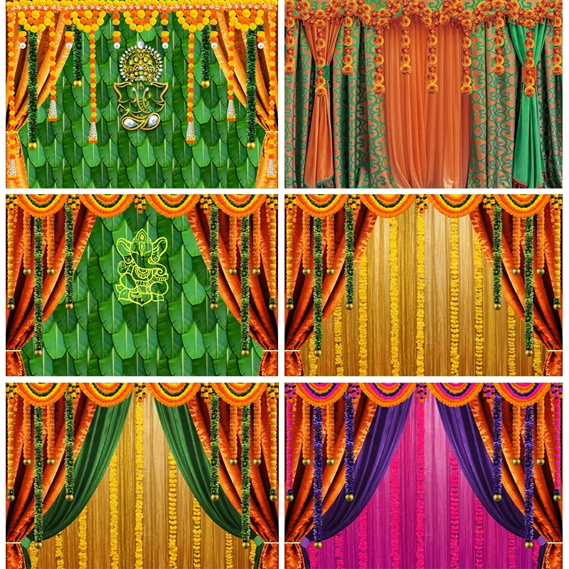 Indian Hindu Pooja Wedding Decoration Backdrop Cloth India Navratri Regal Traditional Curtains Photos Background for Photography