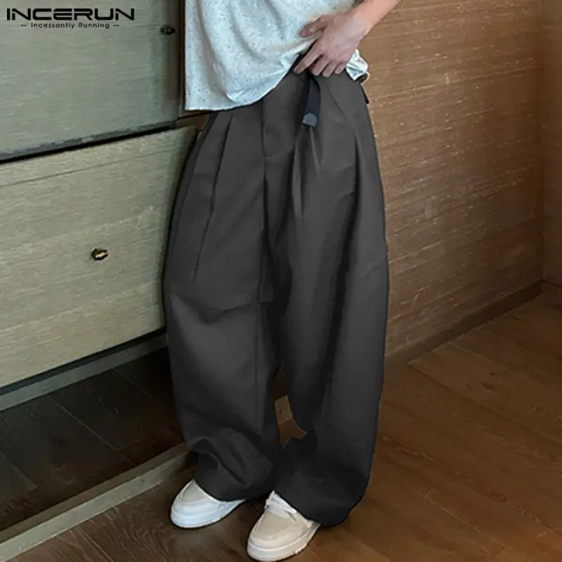 2024 Men Pants Solid Color Button Joggers Loose Pleated Wide Leg Trousers Men Streetwear Fashion Casual Long Pants S-5XL INCERUN