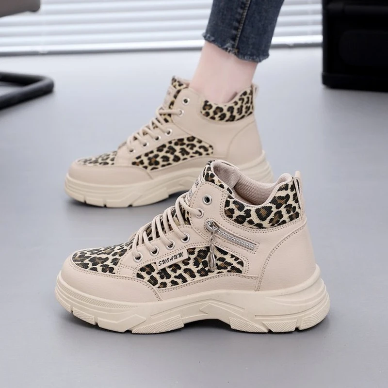 Unisex Lace-up High-top Sports Shoes Women's Fashion Leopard Print Platform Sneakers Outdoor Casual Shoes Metal Zip Riding Boots