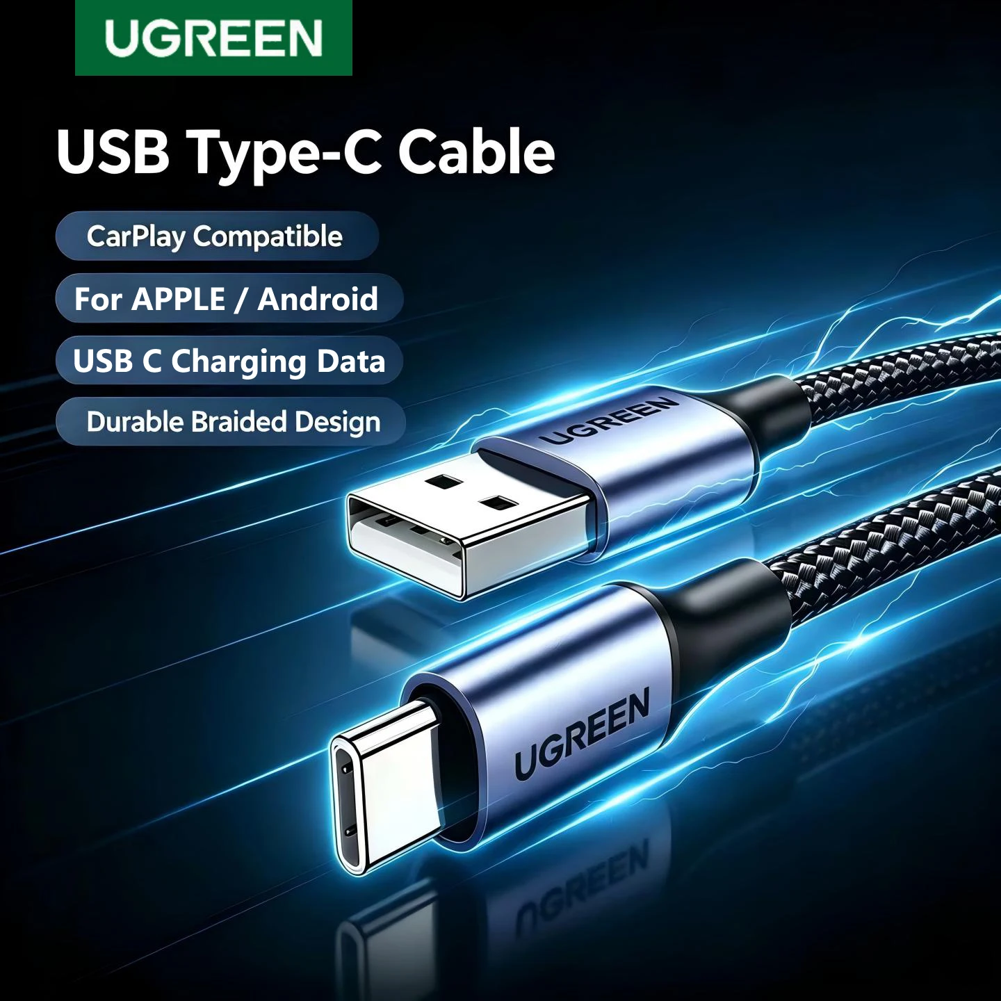 UGREEN Type C To USB Cable Braided 3A Charging Data Carplay For Apple iPhone Android Mobile Phone Charger Short 25cm Long 3m 1m