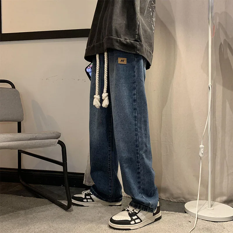 2026 Autumn New Men's Washed Jeans American Casual Fashion Retro Simple Drawstring Elastic Waist Straight Leg Denim Pants