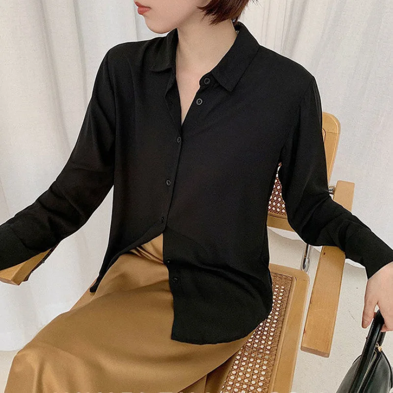 Ladies Chiffon Shirt Autumn Korean-Style Long-Sleeved Loose Black Work Blouses For Women Fashion All-Match Top Shirts