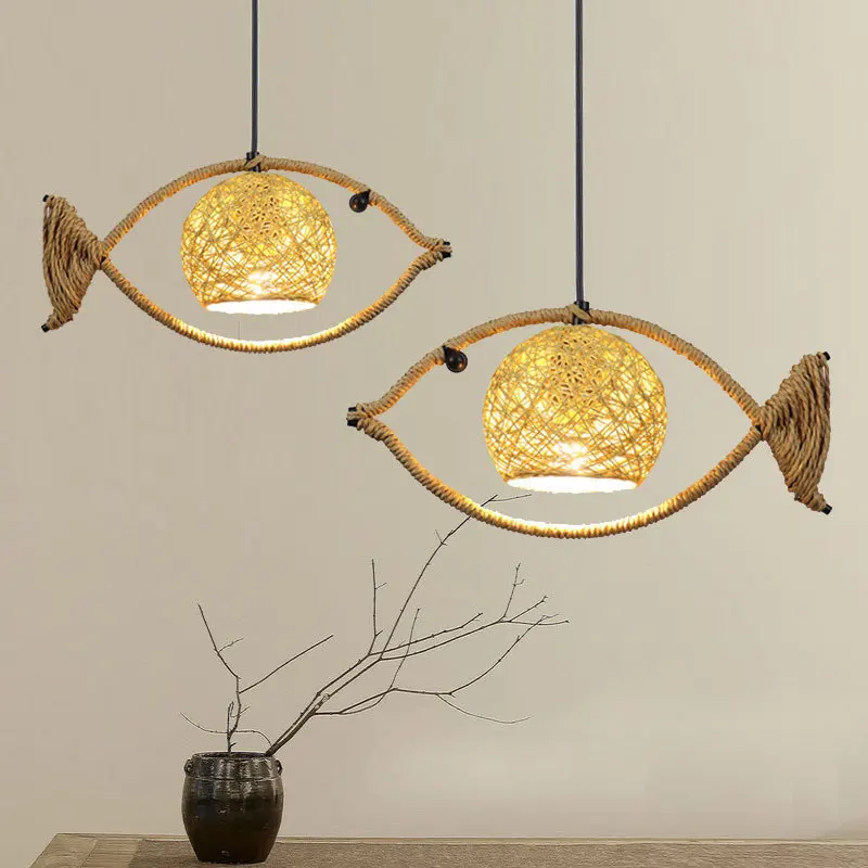 Japanese Wicker Fish Shape Pendant Light Hemp Rope Creative Hanging Lamp for Restaurant Bar Home
