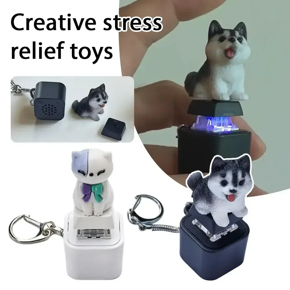 Rechargeable Cute Dog Cat Keychain Stress-Relieving Clicky Keyboard Stress Relief Kitten Puppy Croaking Fidget Toy Desk Decor