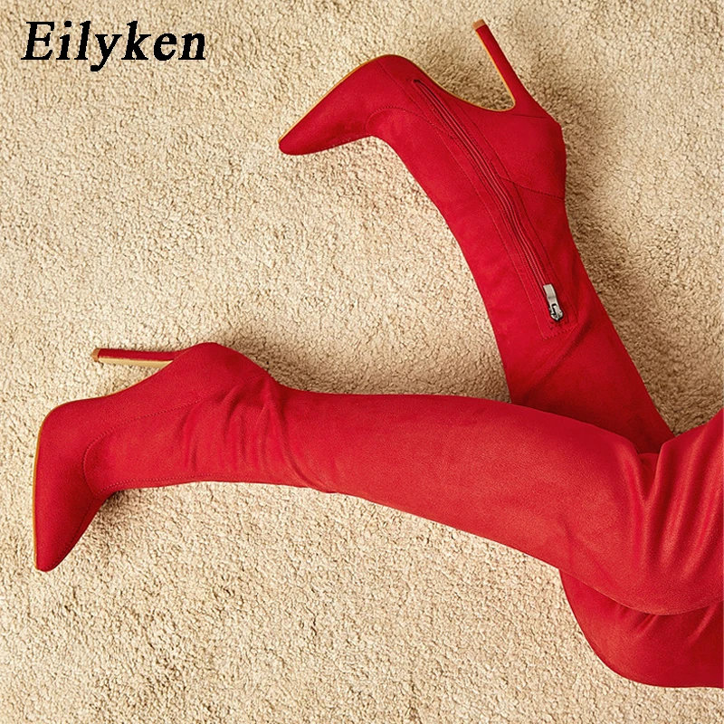 Eilyken Sexy Fashion Pointed Toe Over-The-Knee Boots Women Red Zipper High Heels Shoes Winter Striptease Motorcycle Long Botas