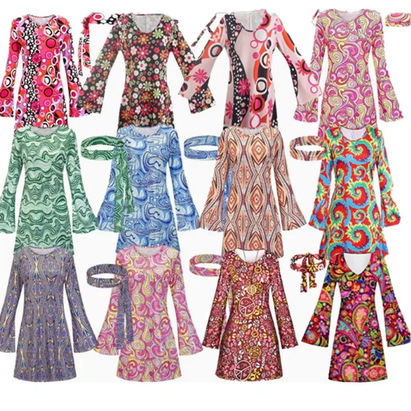 

Halloween Women's Clothing 1970s Hip Hop Printed Dress Polyester Material Spring Seasonal Fashion Ethnic Stage Costume